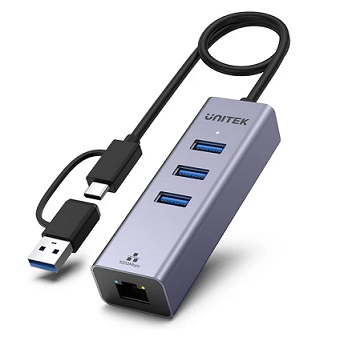 מפצל ארבע באחד USB עם כניסת רשת ג'יגה יוניטק Unitek Y-3088B 4-In-1 Multi-Port HUB USB 3.0 + 1GbE